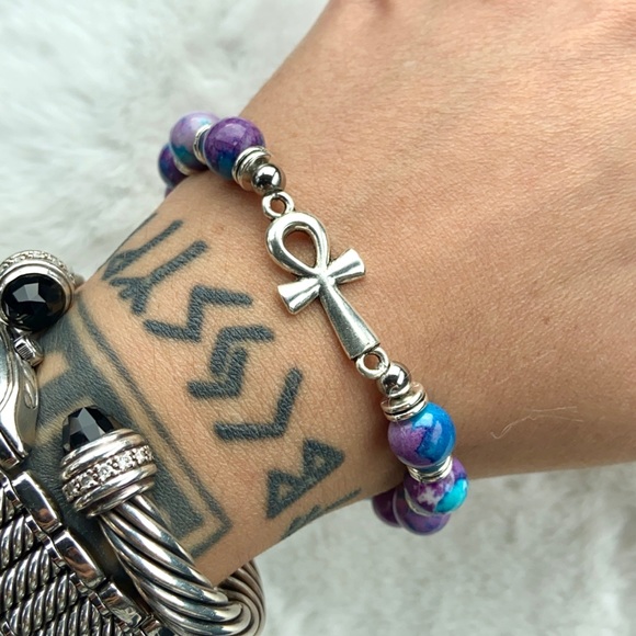 Purple blue snowflake jasper ankh cross bracelet - Picture 9 of 10